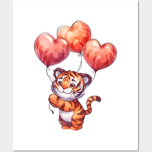 Valentine Tiger Holding Heart Shaped Balloons Posters and Art
